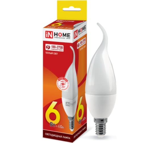 Светодиодная лампа IN HOME LED-СВЕЧА НА ВЕТРУ-VC 6Вт, 230В, Е14, 3000К, 540Лм 4690612030371