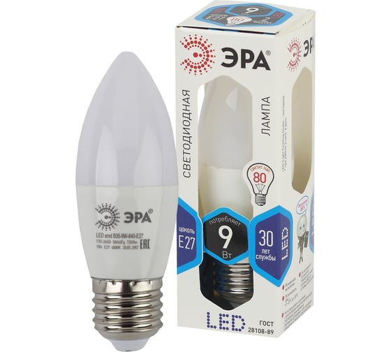 Светодиодная лампа ЭРА LED B35-9W-840-E27 свеча, 9 Вт, нейтральная, E27, 10/100/4000 Б0047937