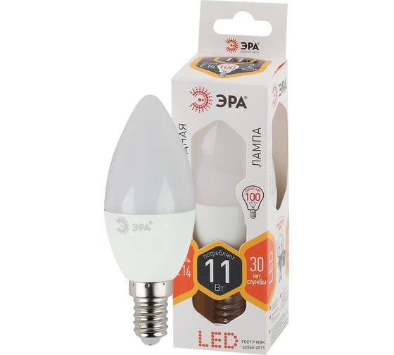 Лампа ЭРА LED B3511W827E14, диод, свеча, 11Вт, тепл, E14 10/100/4000 Б0047939