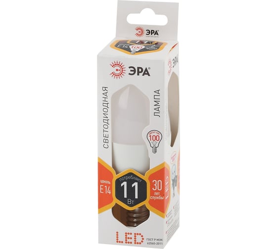 Лампа ЭРА LED B3511W827E14, диод, свеча, 11Вт, тепл, E14 10/100/4000 Б0047939