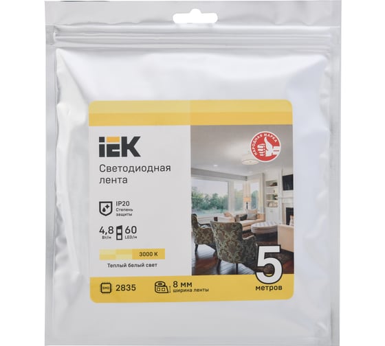 Лента IEK LSR-2835WW60-4,8-IP20-12В LED, 5м LSR1-1-060-20-3-05
