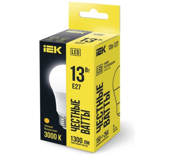 Лампа IEK LED, A60, 13вт, 230В, 3000К, E27 LLE-A60-13-230-30-E27