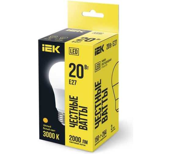 Лампа IEK LED, A60, 20вт, 230В, 3000К, E27 LLE-A60-20-230-30-E27