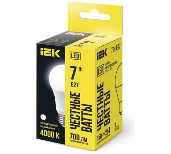 Лампа IEK LED, A60, 7вт, 230В, 4000К, E27 LLE-A60-7-230-40-E27
