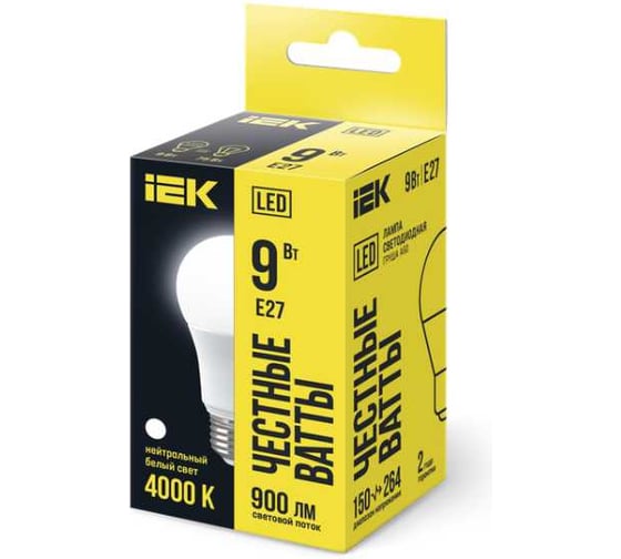 Лампа IEK LED, A60, 9вт, 230В, 4000К, E27 LLE-A60-9-230-40-E27