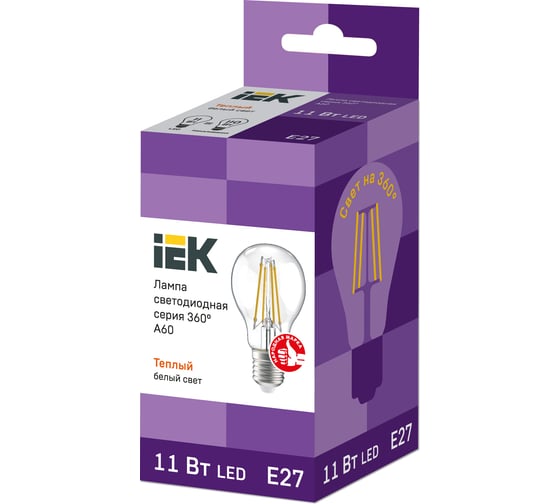 Лампа IEK серия 360, LED, A60, прозрачная, 11вт, 230В, 3000К, E27 LLF-A60-11-230-30-E27-CL