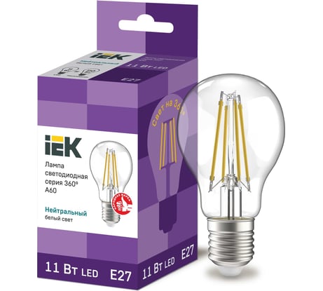 Лампа IEK серия 360, LED, A60, прозрачная, 11вт, 230В, 4000К, E27 LLF-A60-11-230-40-E27-CL