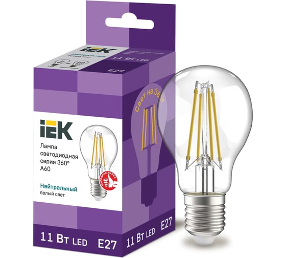 Лампа IEK серия 360, LED, A60, прозрачная, 11вт, 230В, 4000К, E27 LLF-A60-11-230-40-E27-CL