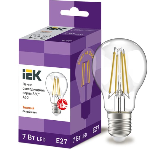 Лампа IEK серия 360, LED, A60, прозрачная, 7вт, 230В, 3000К, E27 LLF-A60-7-230-30-E27-CL 1