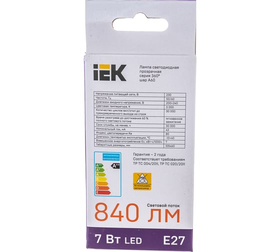 Лампа IEK серия 360, LED, A60, прозрачная, 7вт, 230В, 3000К, E27 LLF-A60-7-230-30-E27-CL