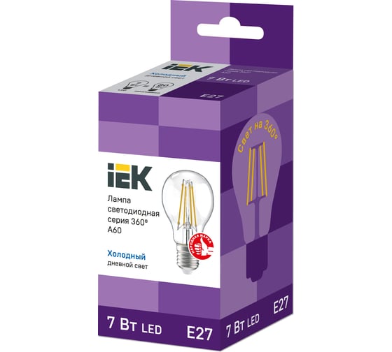 Лампа IEK серия 360, LED, A60, прозрачная, 7вт, 230В, 6500К, E27 LLF-A60-7-230-65-E27-CL