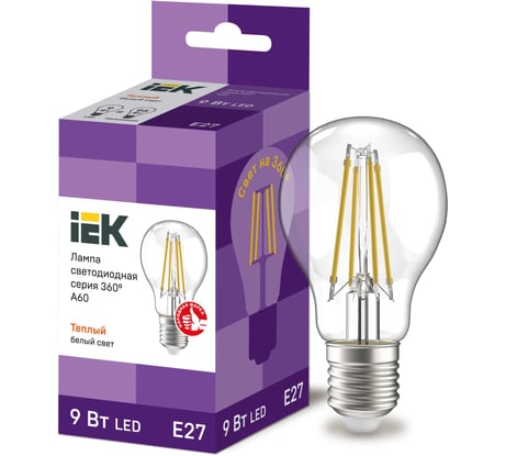 Лампа IEK серия 360, LED, A60, прозрачная, 9вт, 230В, 3000К, E27 LLF-A60-9-230-30-E27-CL