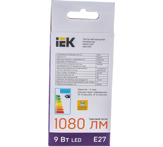Лампа IEK серия 360, LED, A60, прозрачная, 9вт, 230В, 3000К, E27 LLF-A60-9-230-30-E27-CL