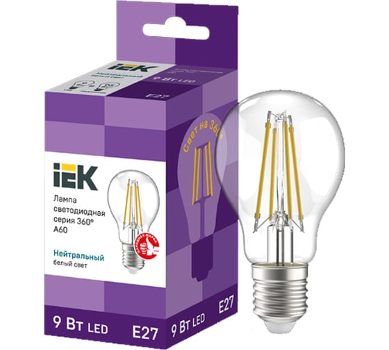 Лампа IEK серия 360, LED, A60, прозрачная, 9вт, 230В, 4000К, E27 LLF-A60-9-230-40-E27 -CL