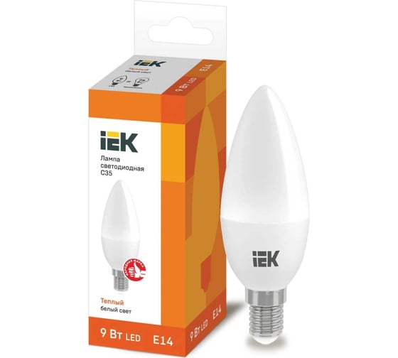 Лампа IEK LED, C35, свеча, 9вт, 230В, 3000К, E14 LLE-C35-9-230-30-E14
