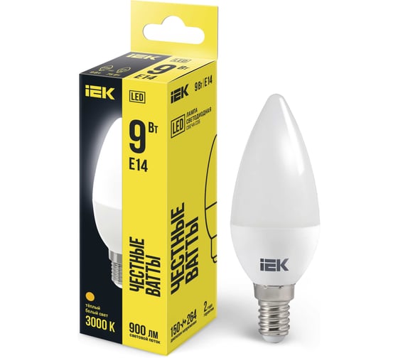 Лампа IEK LED, C35, свеча, 9вт, 230В, 3000К, E14 LLE-C35-9-230-30-E14