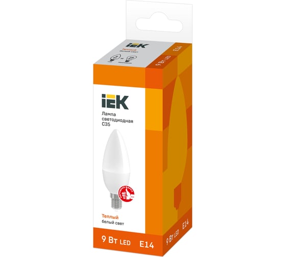 Лампа IEK LED, C35, свеча, 9вт, 230В, 3000К, E14 LLE-C35-9-230-30-E14