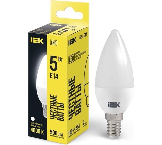 Лампа IEK LED, C35, свеча, 5вт, 230В, 4000К, E14 LLE-C35-5-230-40-E14