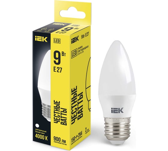 Лампа IEK LED, C35, свеча, 9вт, 230В, 4000К, E27 LLE-C35-9-230-40-E27