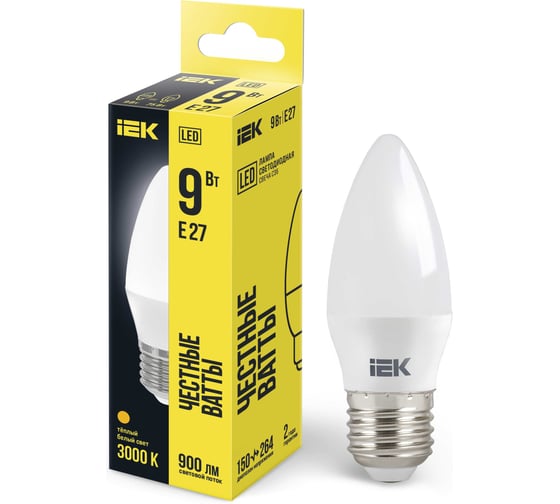 Лампа IEK LED, C35, свеча, 9вт, 230В, 3000К, E27 LLE-C35-9-230-30-E27