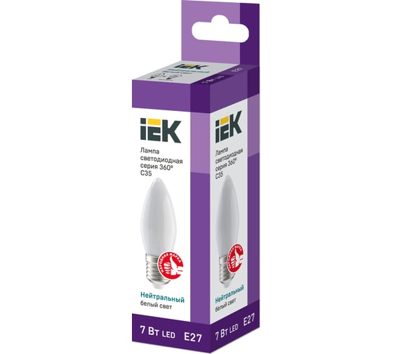 Лампа IEK серия 360, LED, C35, свеча, матовая, 7вт, 230В, 4000К, E27 LLF-C35-7-230-40-E27-FR
