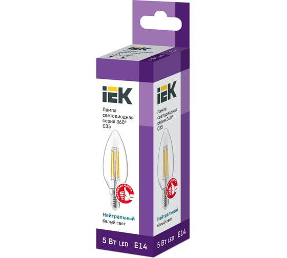 Лампа IEK серия 360, LED, C35, свеча, прозрачная, 5вт, 230В, 4000К, E14 LLF-C35-5-230-40-E14-CL