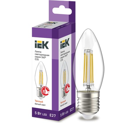 Лампа IEK серия 360, LED, C35, свеча, прозрачная, 5вт, 230В, 3000К, E27 LLF-C35-5-230-30-E27-CL