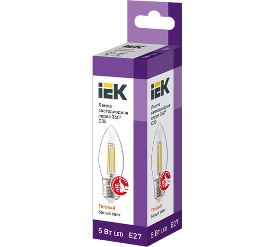 Лампа IEK серия 360, LED, C35, свеча, прозрачная, 5вт, 230В, 3000К, E27 LLF-C35-5-230-30-E27-CL