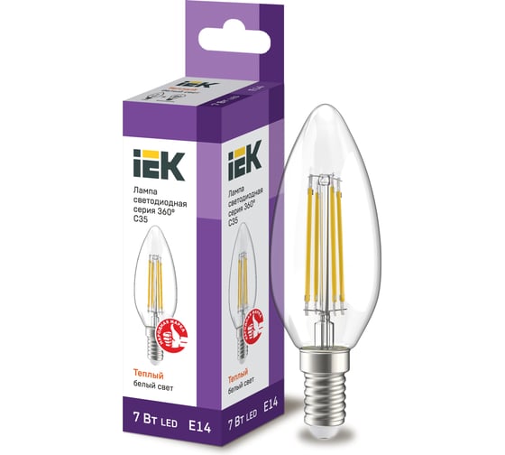 Лампа IEK серия 360, LED, C35, свеча, прозрачная, 7вт, 230В, 3000К, E14 LLF-C35-7-230-30-E14-CL 1