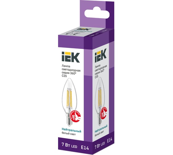 Лампа IEK серия 360, LED, C35, свеча, прозрачная, 7вт, 230В, 3000К, E14 LLF-C35-7-230-30-E14-CL