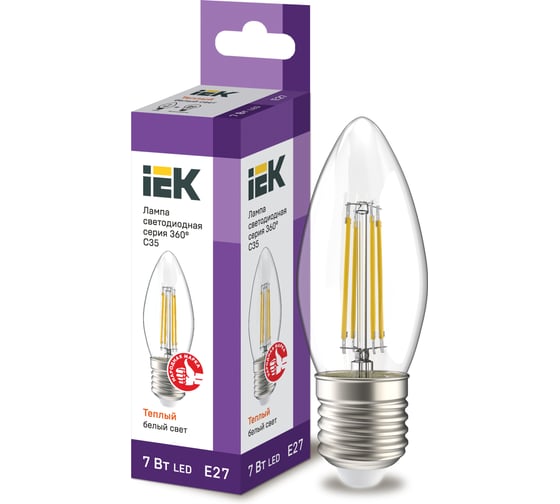 Лампа IEK серия 360, LED, C35, свеча, прозрачная, 7вт, 230В, 3000К, E27 LLF-C35-7-230-30-E27-CL 1