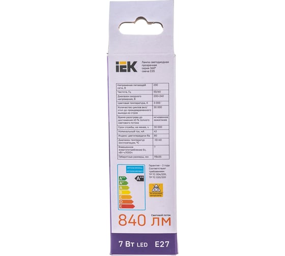 Лампа IEK серия 360, LED, C35, свеча, прозрачная, 7вт, 230В, 3000К, E27 LLF-C35-7-230-30-E27-CL