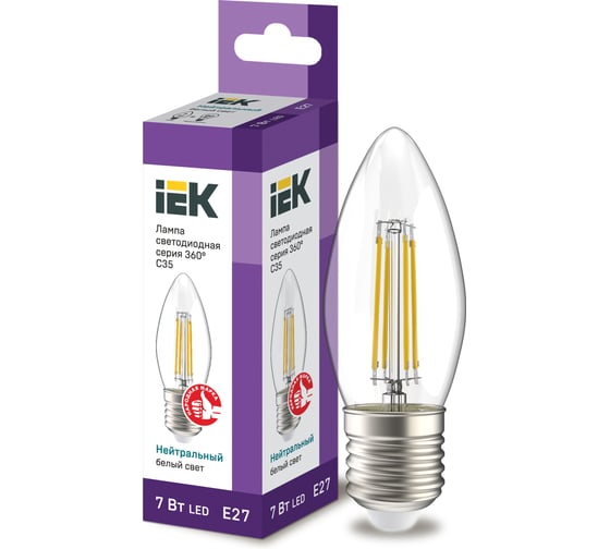 Лампа IEK серия 360, LED, C35, свеча, прозрачная, 7вт, 230В, 4000К, E27 LLF-C35-7-230-40-E27-CL 1