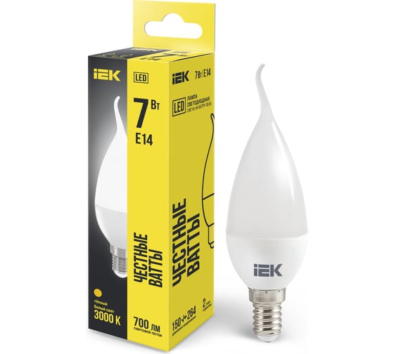 Лампа IEK LED CB35, свеча на ветру, 7вт, 230В, 3000К, E14 LLE-CB35-7-230-30-E14