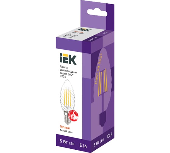 Лампа IEK серия 360 LED, CT35, свеча витая, 5вт, 230В, 3000К, E14, LLF-CT35-5-230-30-E14-CL
