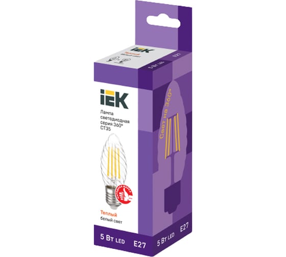 Лампа IEK серия 360 LED, CT35, свеча витая, 5вт, 230В, 3000К, E27 LLF-CT35-5-230-30-E27-CL