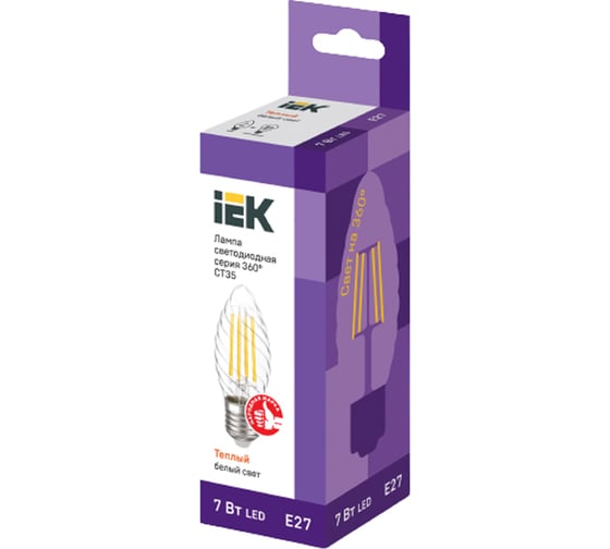 Лампа IEK серия 360 LED, CT35, свеча витая, 7вт, 230В, 3000К, E27 LLF-CT35-7-230-30-E27-CL