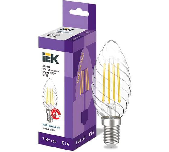 Лампа IEK серия 360 LED, CT35, свеча витая, 7вт, 230В, 4000К, E14 LLF-CT35-7-230-40-E14-CL 1
