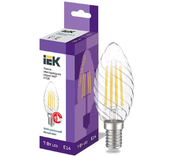 Лампа IEK серия 360 LED, CT35, свеча витая, 7вт, 230В, 4000К, E14 LLF-CT35-7-230-40-E14-CL