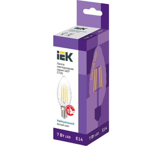 Лампа IEK серия 360 LED, CT35, свеча витая, 7вт, 230В, 4000К, E14 LLF-CT35-7-230-40-E14-CL