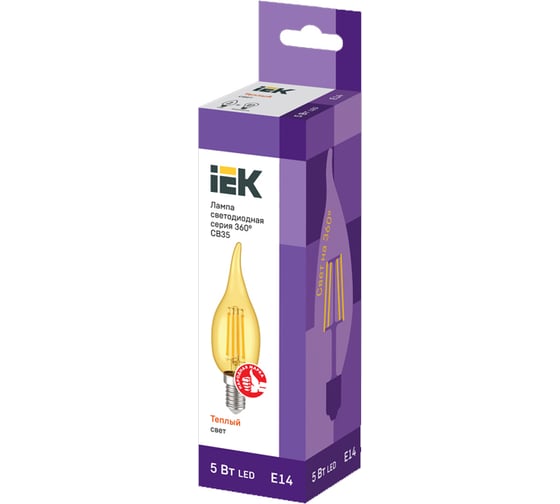 Лампа IEK серия 360 LED, CВ35, свеча на ветру, золото, 5вт, 230В, 2700К, E14 LLF-CB35-5-230-30-E14-CLG