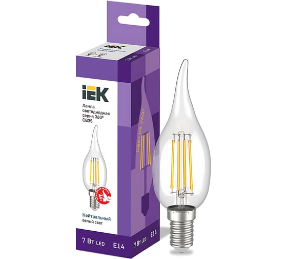 Лампа IEK серия 360 LED, CВ35, свеча на ветру, 7вт, 230В, 4000К, E14 LLF-CB35-7-230-40-E14-CL 1