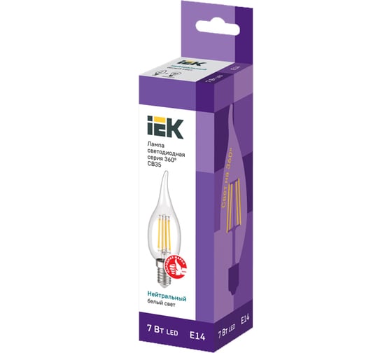 Лампа IEK серия 360 LED, CВ35, свеча на ветру, 7вт, 230В, 4000К, E14 LLF-CB35-7-230-40-E14-CL