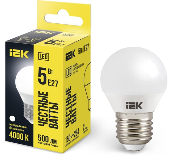 Лампа IEK LED, G45, шар, 5вт, 230В, 4000К, E27 LLE-G45-5-230-40-E27 1