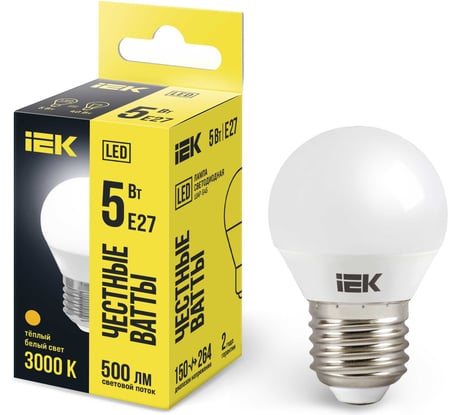 Лампа IEK LED, G45, шар, 5вт, 230В, 3000К, E27 LLE-G45-5-230-30-E27