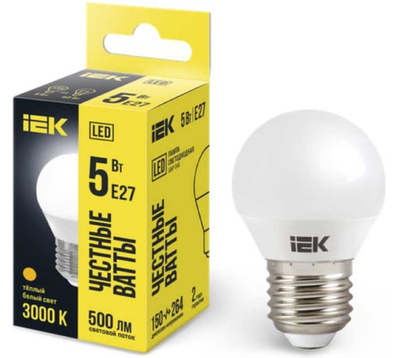 Лампа IEK LED, G45, шар, 5вт, 230В, 3000К, E27 LLE-G45-5-230-30-E27