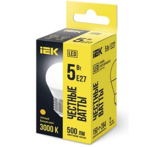 Лампа IEK LED, G45, шар, 5вт, 230В, 3000К, E27 LLE-G45-5-230-30-E27