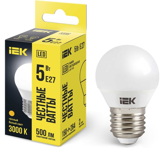 Лампа IEK LED, G45, шар, 5вт, 230В, 3000К, E27 LLE-G45-5-230-30-E27
