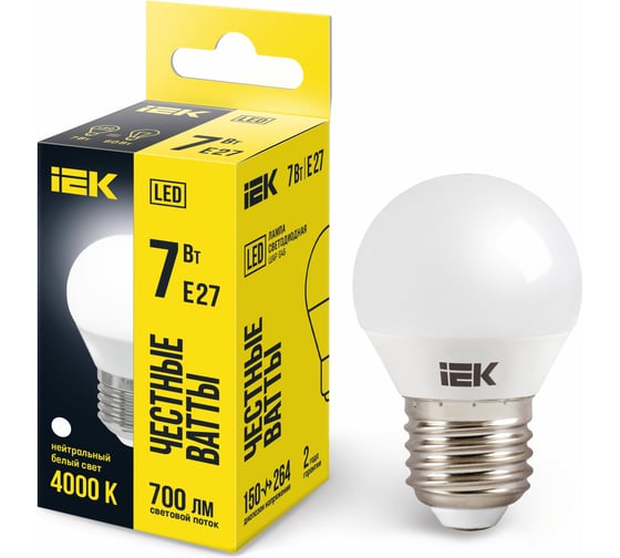 Лампа IEK LED, G45, шар, 7вт, 230В, 4000К, E27 LLE-G45-7-230-40-E27