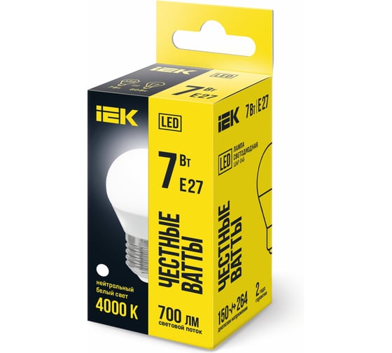Лампа IEK LED, G45, шар, 7вт, 230В, 4000К, E27 LLE-G45-7-230-40-E27